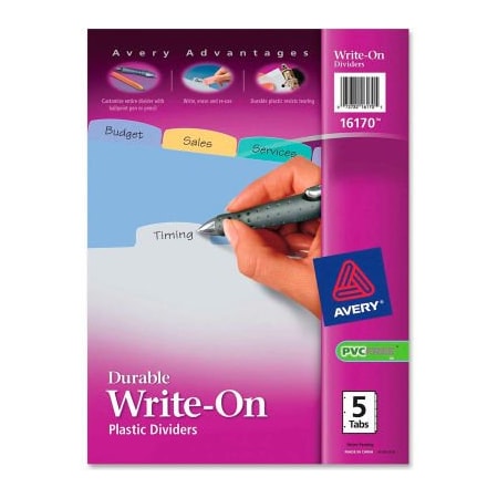 Avery Dennison Avery Translucent Durable Write-on Divider, 8.5"x11", 5 Tabs, Clear/Multicolor 16170